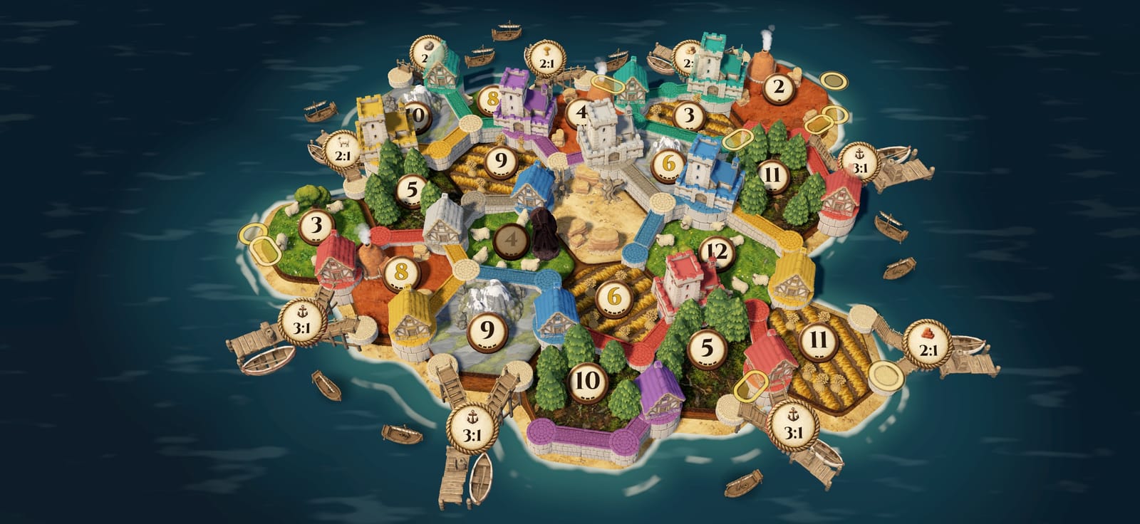 A hand-painted island of irregular tiles with roads, settlements, harbours and ships, seen from above at an angle.