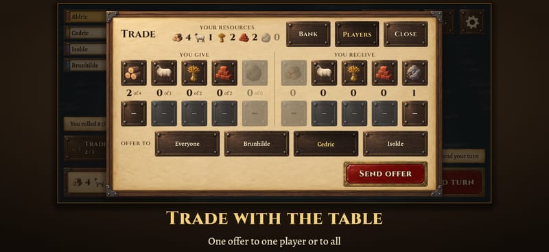 The trade sheet: an offer of two wood for one ore being built, the player's own hand counted along the top.