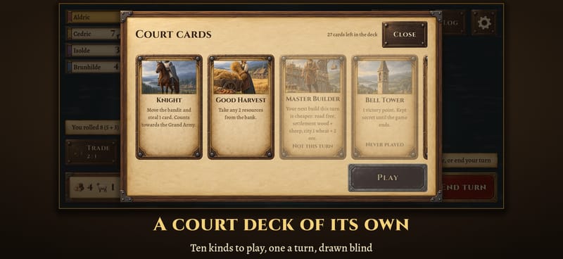 The court cards sheet open over the island: a hand of illustrated cards, two ready to play, and the count left in the deck.