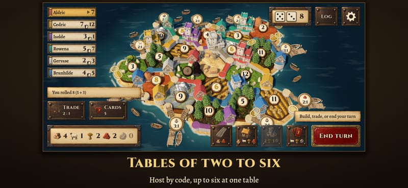 The table of six: a column of six coloured player tags beside the island during a turn.