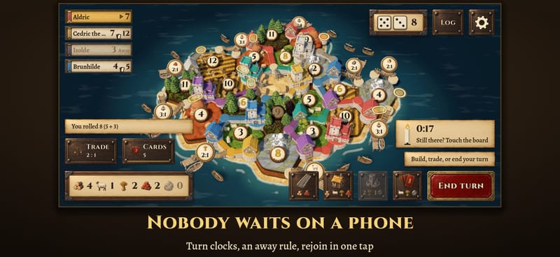 A lit candle next to the end-turn seal, counting down the seconds an idle player has left; one seat in the column is marked away.