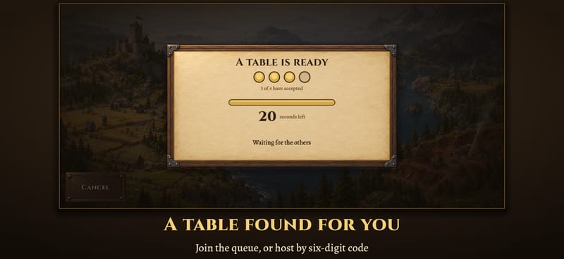 A table found in the online queue: this seat has accepted, three of four seats are filled and the dialog waits for the last.
